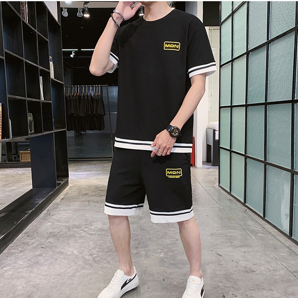 Bộ Đồ Thun Nam Phối Viền Áo Ngắn Tay Cổ Tròn Kết Hợp Quần Short Đùi Thể Thao sozo SET NAM 90000161C
