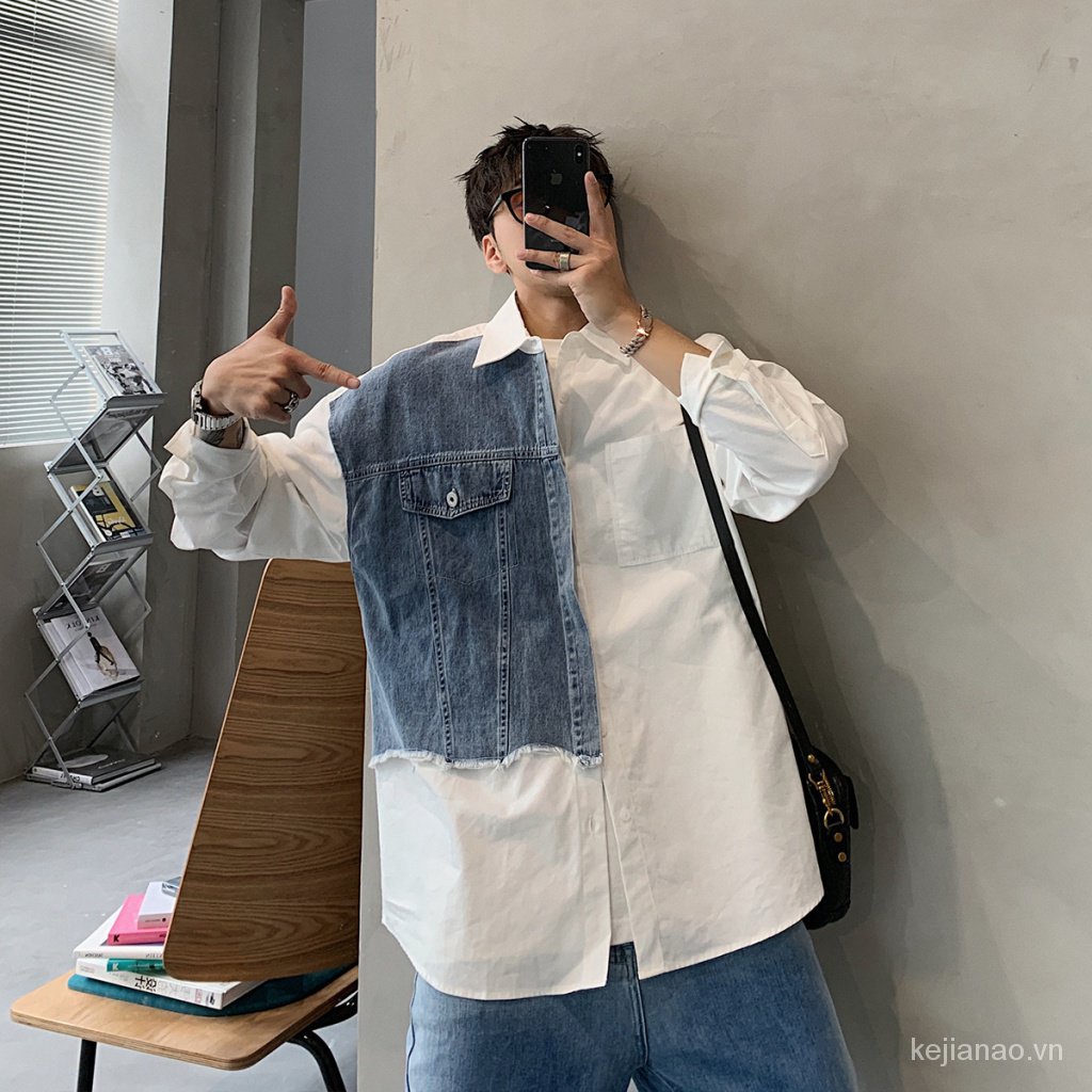 Áo Sơ Mi Denim Tay Dài Dáng Rộng Phối Màu Tương Phản Kiểu Retro Thời Trang Xuân Thu Cho Nam 0NTX