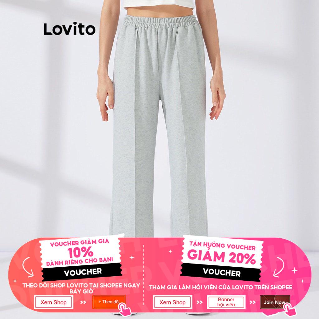 Quần thể thao Lovito ống thẳng phối xếp nếp màu trơn phong cách ngày thường L23AD150 (màu xám)