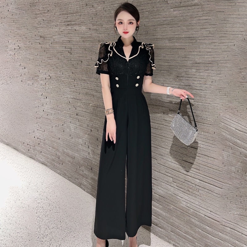 Jumpsuit Lưng Cao Ống Rộng Màu Sắc Tương Phản Thời Trang Mùa Hè Cho Nữ