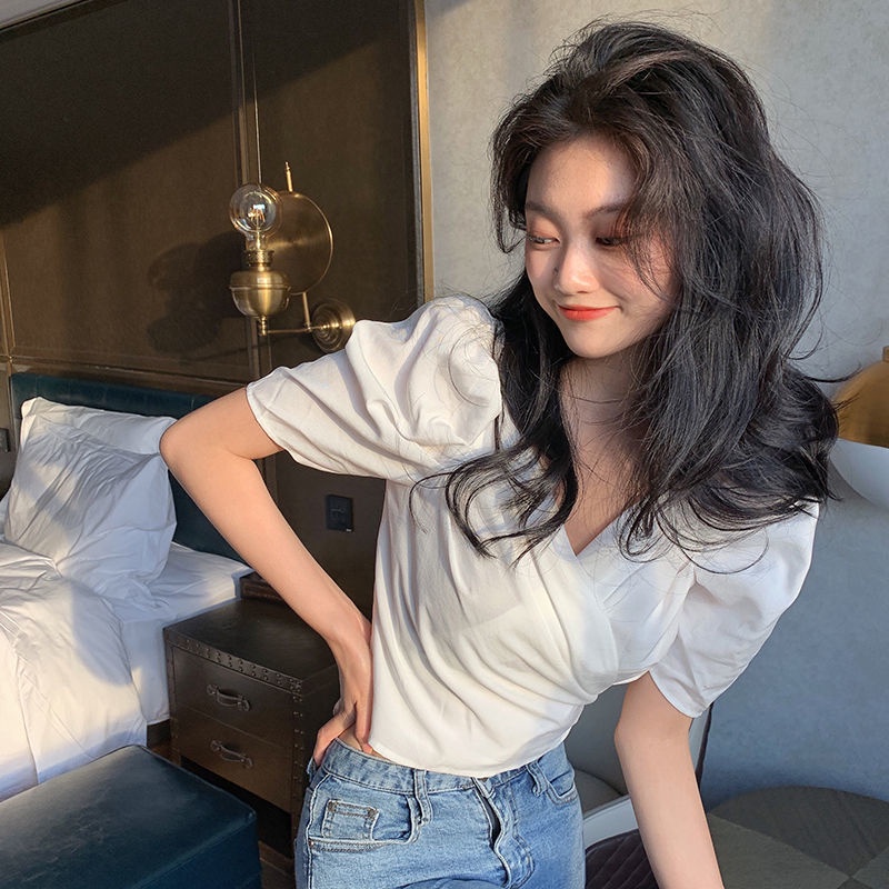 Áo Sơ Mi Ngắn Tay Phồng Cổ Chữ V Thiết Kế Mỏng Thời Trang Mùa Hè Dành Cho Nữ