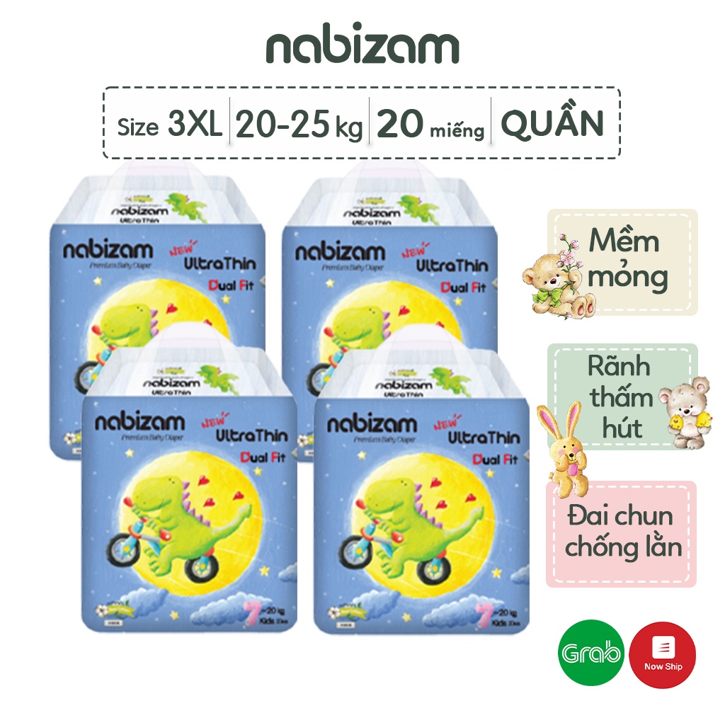 COMBO 4 Tã/Bỉm Quần Nabizam Ultra Thin Nội Địa Hàn Siêu Mỏng Nhẹ, Rãnh Chống Tràn Linh Hoạt Size 3XL20 Cho Bé Từ 20-25kg