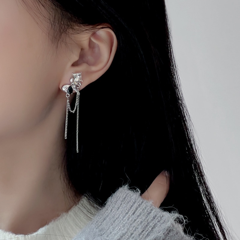 Khuyên Tai Dây Tua Rua Đính Đá zircon Hình Trái Tim Phong Cách hip hop Đường Phố Cá Tính Thời Trang