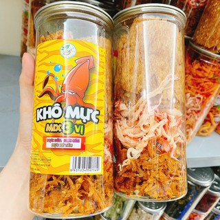 Combo 2 hũ khô mực mix 3 vị 300g mực xé sợi hấp dừa - mực sốt chanh tomyum - mực bơ tỏi đồ ăn vặt nhà gấu