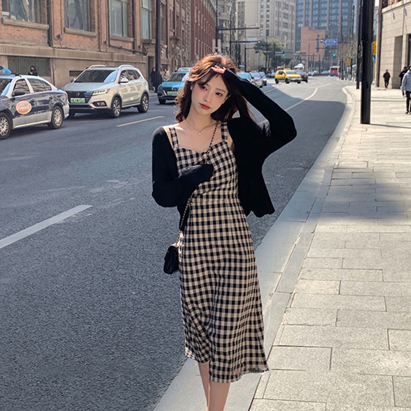 Đầm Dệt Kim Dáng Dài Chống Nắng Họa Tiết Sọc Caro Phong Cách Pháp Cổ Điển Thời Trang Mùa Xuân Cho Nữ