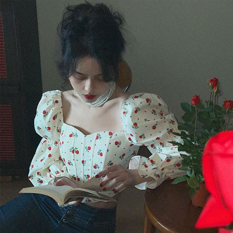 COZOK Áo kiểu COZOK tay phồng cổ vuông họa tiết hoa phong cách vintage thời trang