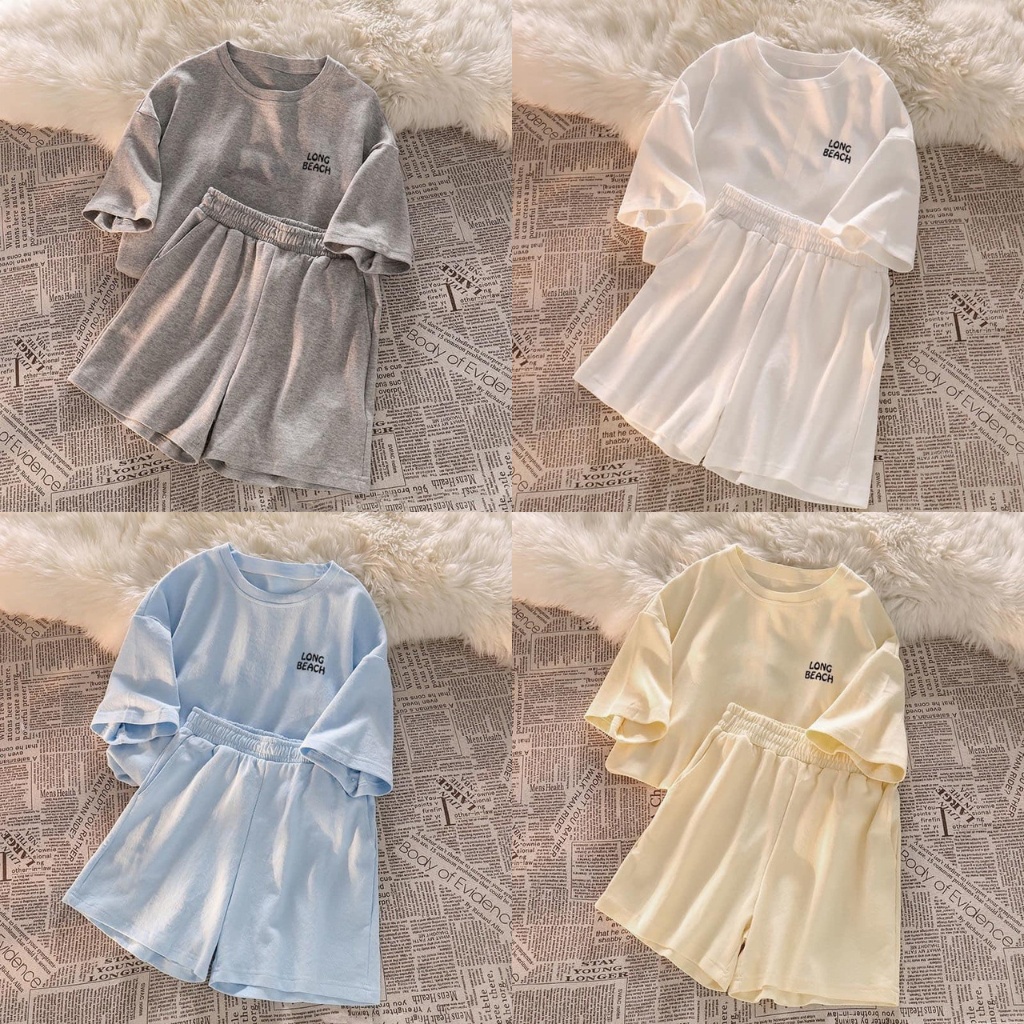 Bộ áo thun cổ tròn in chữ longbaech mix quần đùi dáng rộng nhiều màu nam nữ mặc được xưởng sỉ nguyễn hoa