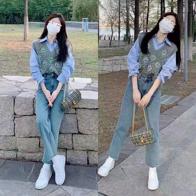 Áo Sweater Dệt Kim Sát Nách Cổ v Kiểu Retro Hàn Quốc Thời Trang Mùa Thu Năng Động