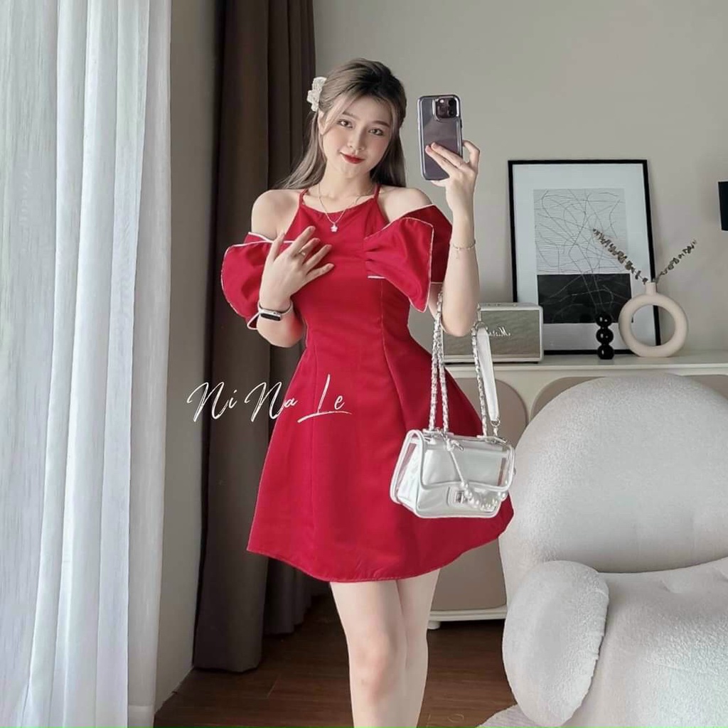 Đầm xòe cổ yếm thiết kế nơ tay cách điệu màu đầm đỏ, đen kiểu đầm dự tiệc cá tính trẻ trung thời trang nữ ARAVA