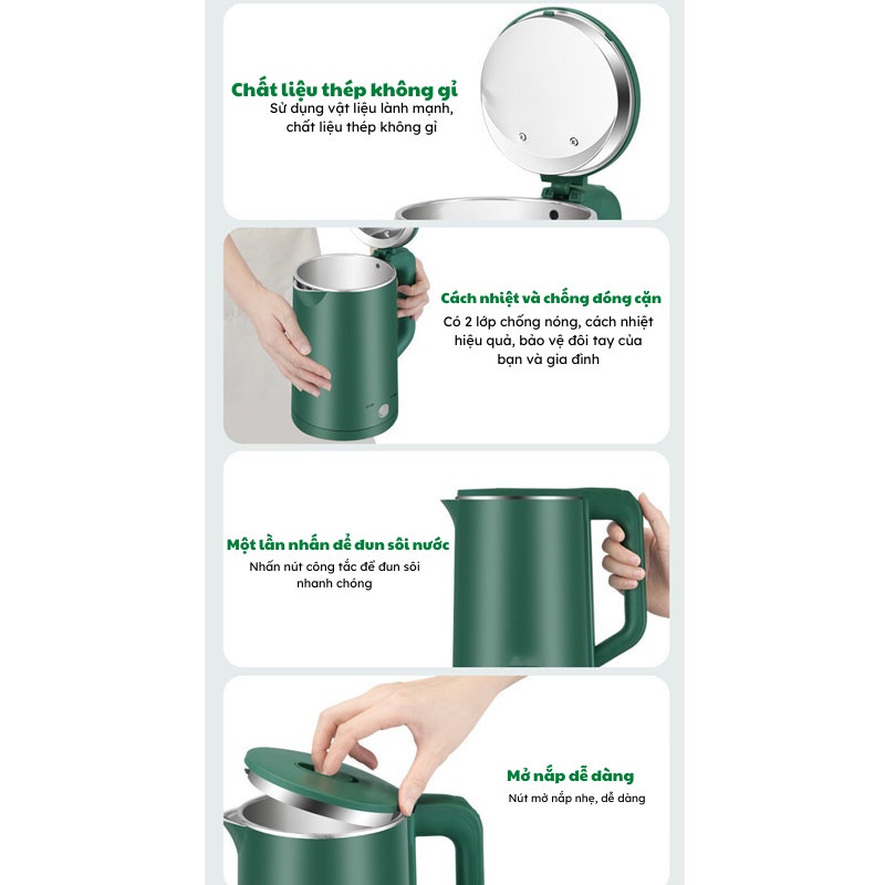 Ấm Siêu Tốc Inox Dung Tích Lớn 2.3L Bình Đun Siêu Tốc 1500W Đun Sôi Nhanh Lõi thép không gỉ
