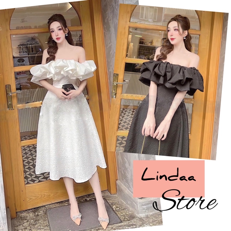 ĐẦM DỰ TIÊC MIDI GẤM TRỄ VAI BÈO GANA H DRESS