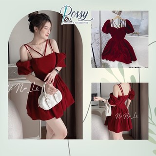 Đầm nhung đỏ dây cổ yếm tay bồng Rossy Fashion - SR195