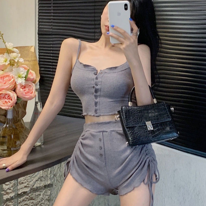 Set Áo Hai Dây Phối Quần Short Rút Dây Thời Trang Hồng Kông Cá Tính Cho Nữ