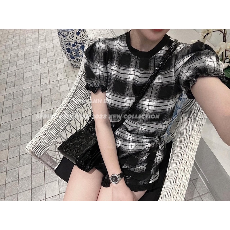 Sét kẻ caro đen trắng viền bèo