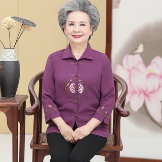 Áo sơ mi nữ cao cấp, bà già mặc quần áo mỏng mùa xuân và mùa thu, bộ đồ bà già