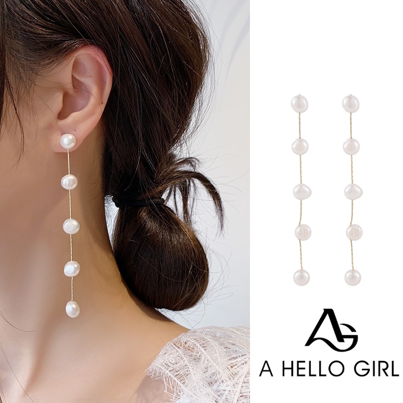 Khuyên tai Ahellogirl kiểu chuỗi tua rua ngọc trai dài thời trang Hàn Quốc