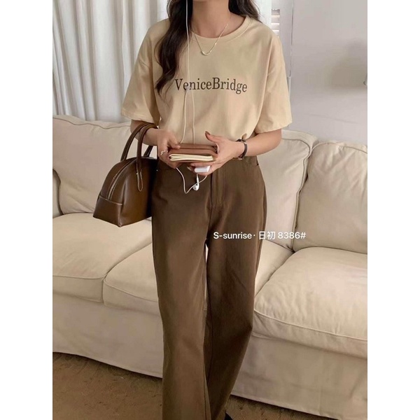Áo thun nữ tay ngắn in chữ VeniceBridge hàng Quảng Châu chất cotton, áo phông trơn basic form vừa đơn giản 8386