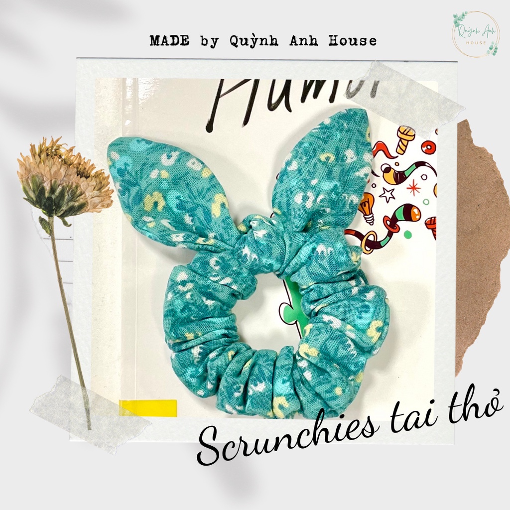 Dây buộc tóc Scrunchies handmade hoa nhí mini kèm nơ tai thỏ - QA1001