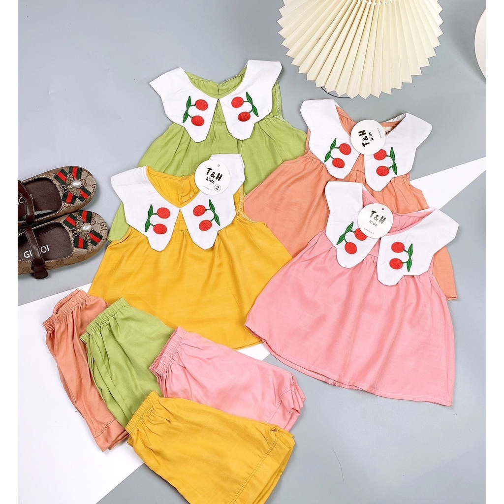 Bộ quần áo bé gái chất liệu đũi hình quả cherry (7-16kg)