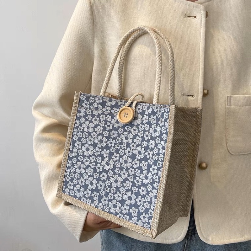 Túi cói vải canvas đựng hộp cơm nhỏ, túi vải mini đựng đồ, họa tiết siêu xinh