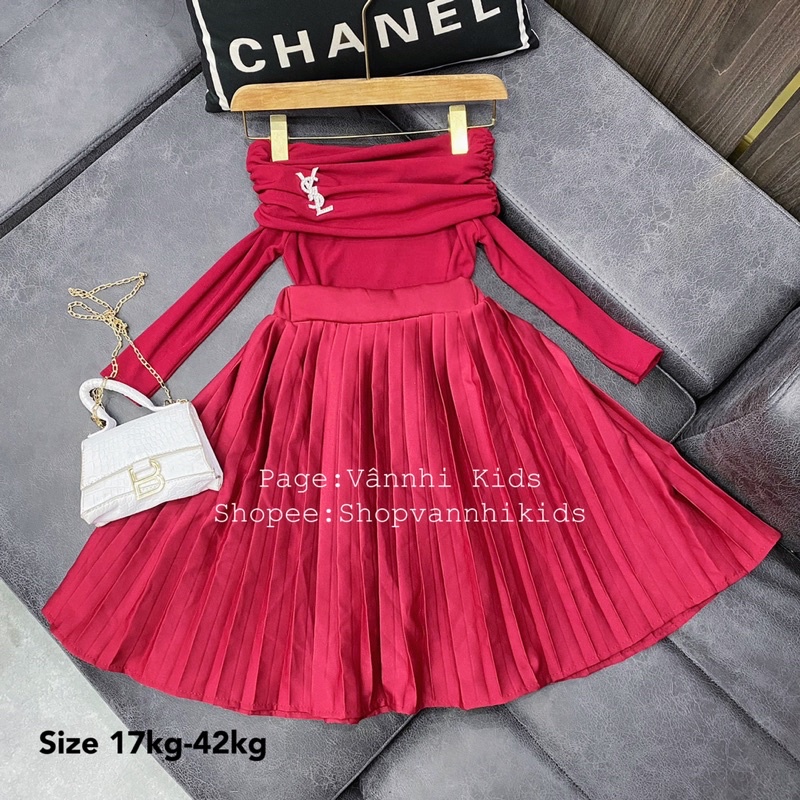 Set áo trễ vai YSN + chân váy xếp ly xoè cho bé size đại 17kg-42kg