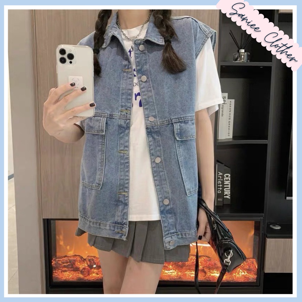 Áo gile jeans nữ dáng hàn, áo khoác bò nữ không tay có túi style đường phố Saniee Clothes