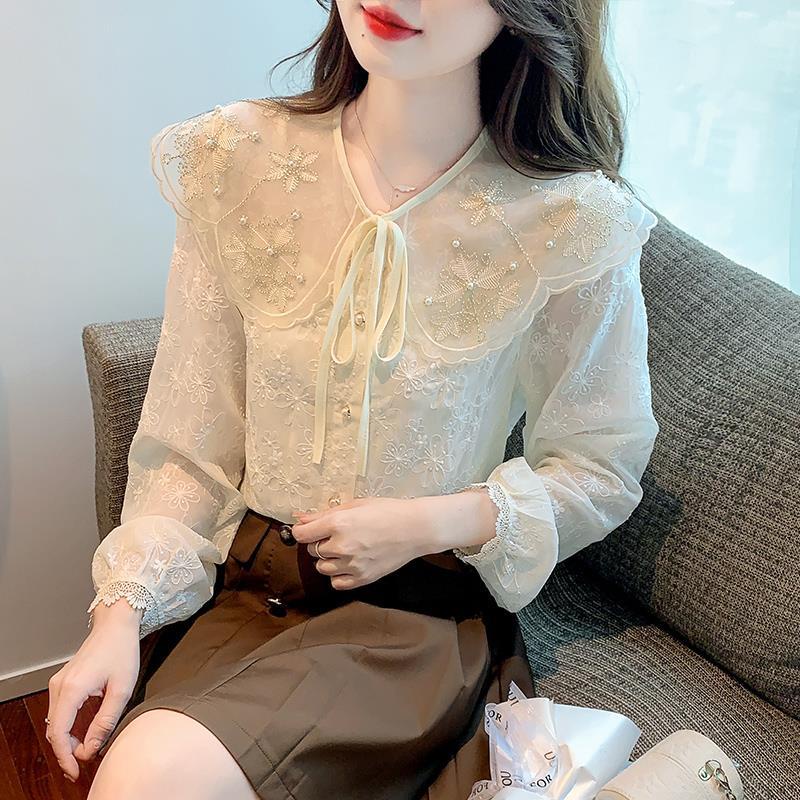 Áo Sơ Mi Ren Cổ Đứng Đính Hạt Phong Cách Pháp Sang Trọng Cho Nữ