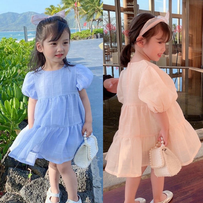 Đầm Công Chúa Chất Liệu Cotton Họa Tiết Sọc Caro Màu Xanh Dương Thời Trang Mùa Hè Cho Bé Gái