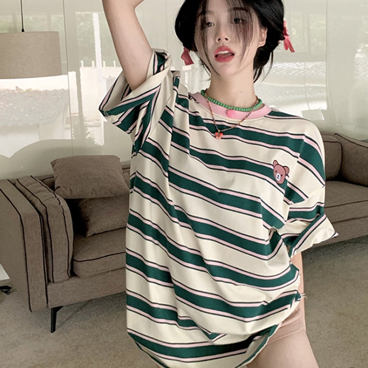 Áo thun SUXI ngắn tay dáng rộng kẻ sọc thêu họa tiết xinh xắn dễ phối đồ cho nữ