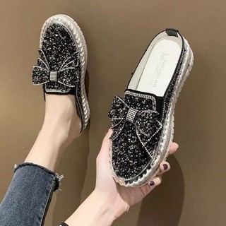 Sục mũi tròn tán đá gắn nơ kép blingbling big size 35-43 - ảnh thật