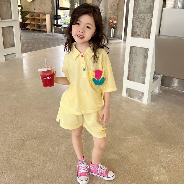 Set Áo Thun Tay Ngắn + Quần Short Họa Tiết Hoa Tulip Phong Cách Hàn Quốc Thời Trang Mùa Hè Mới 2023 Cho Bé Gái