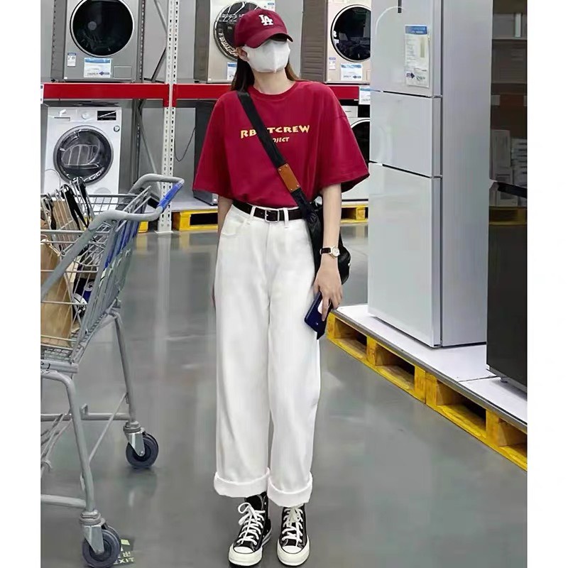 Sét áo phông đỏ CR kèm quần kaki trắng, Áo thun UNISEX Chất đẹp không xù, quần suông ống rộng, Sét bộ mặc ở nhà - MODY