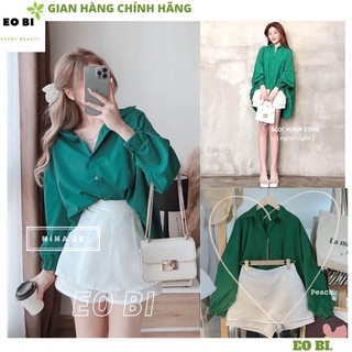 Set áo sơ mi xanh lá kèm quần giả váy xuông trắng, Set váy nữ tiểu thư xinh xắn form rộng phong cách Hàn Quốc - EOBI