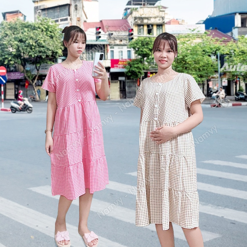 Đầm bầu cho bé bú sau sinh caro mặc nhà, đi chơi đẹp mát