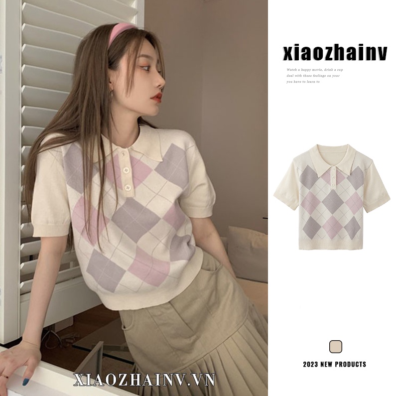 Xiaozhainv Áo Thun Polo Ngắn Tay Họa Tiết Sọc Caro Phong Cách Retro Hàn Quốc Có 2 Màu