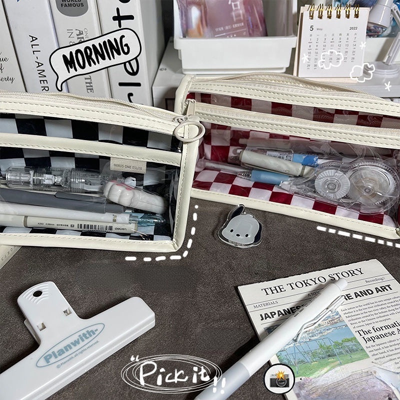 Túi Đựng Bút Chì Kẻ Ô Màu Trắng Đen Trong Suốt Sức Chứa Lớn RYVN