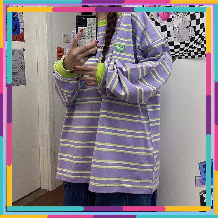 ÁO SWEATER FORM RỘNG SỌC NGANG TÍM VÀ XANH LÁ SIÊU XINH - ORDER 10 NGÀY - Có ảnh thật