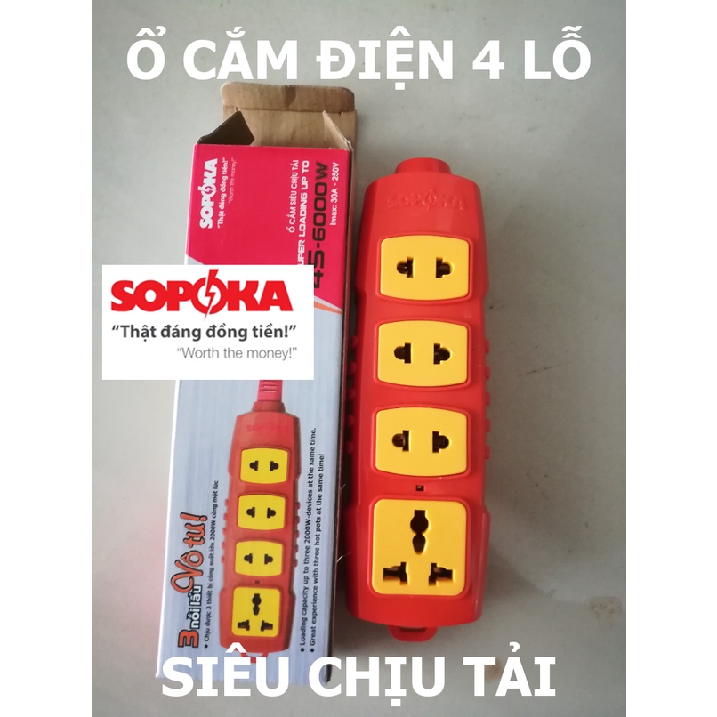 Ổ Cắm Điện SOPOKA Lõi Sứ Chống Cháy Siêu Chịu Tải 4S-6000W (Loại 4 Lỗ Cắm)