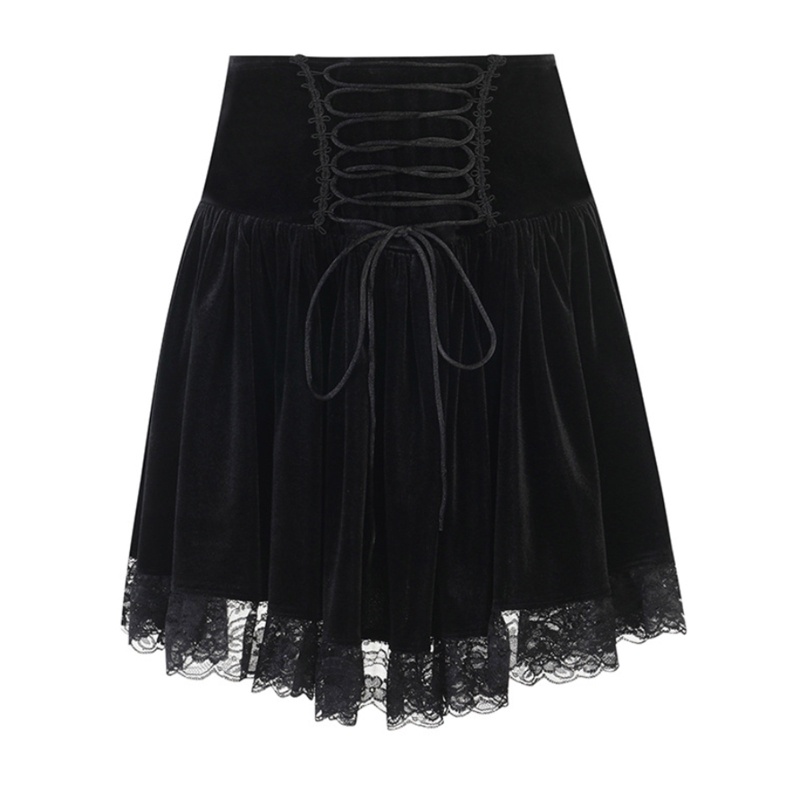 Chân Váy Chữ A Lưng Cao Màu Đen Phối Dây Rút Phong Cách Gothic