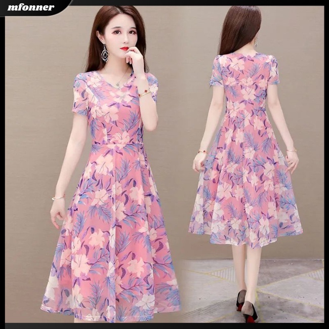 Đầm Tay Ngắn Cổ Chữ V Họa Tiết Hoa Cổ Điển Thời Trang Cho Nữ