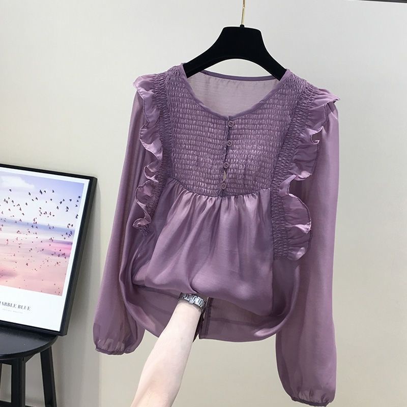 Áo Sơ Mi Chiffon Cổ Tròn Phối Bèo Thiết Kế Ngọt Ngào Thời Trang Mùa Xuân 2023 Mới Cho Nữ