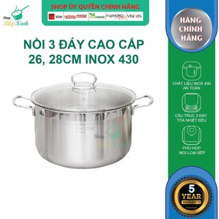 Nồi inox Fivestar 3 đáy từ nắp kính( 16cm / 18cm/ 20cm / 24cm / 26cm / 28cm )- nồi bếp từ cao cấp
