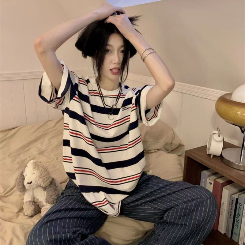 Jiashucheng Áo Thun Nữ Ngắn Tay Cổ Tròn Sọc Ngang Thời Trang Mới