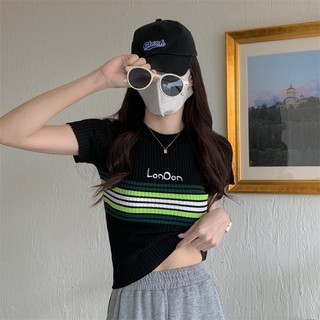 Xj-áo Thun Tay Ngắn Kẻ Sọc Bên Trong Phong Cách Retro Hàn Quốc Dành Cho Nữ