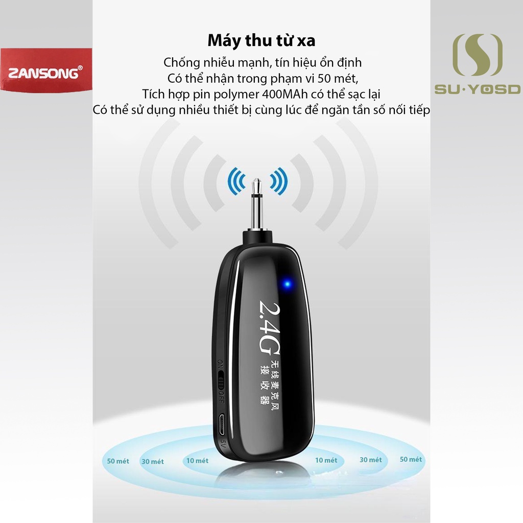 Mic Trợ Giảng Không Dây Cài Đầu V38 Zansong 2.4G Cao Cấp, Kết Nối Loa Trợ Giảng, Loa Kéo, Amly, Điện thoại