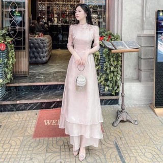 Áo Dài Cách Tân 4 Tà Lụa Tơ, Tay Bồng, Thêu Ren Hoa Cao Cấp - Hồng Da Nude Dự Tiệc Lễ Tết