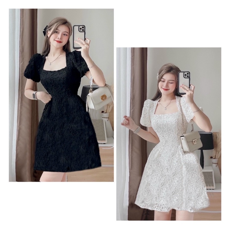 Đầm cổ vuông ren nổi 2 màu - Chitchitstore