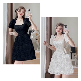 Đầm cổ vuông ren nổi 2 màu - Chitchitstore