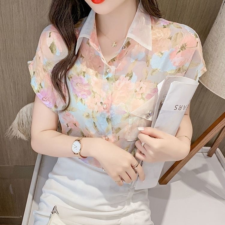 Áo Sơ Mi Chiffon Tay Ngắn In Hoa Mẫu Mới 2023 Phong Cách Phương Tây Cho Nữ