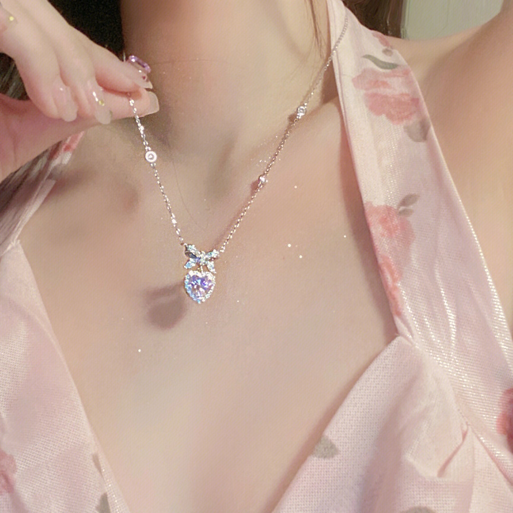 Dây chuyền 17KM mặt hình trái tim pha lê hồng và nơ màu bạc thời trang Y2K ngọt ngào cho nữ